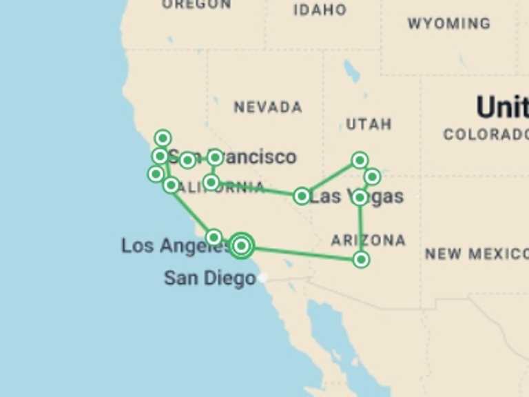 Map of Los Angeles Adventure Tour with 11 destination visits for the trip: Western Discovery