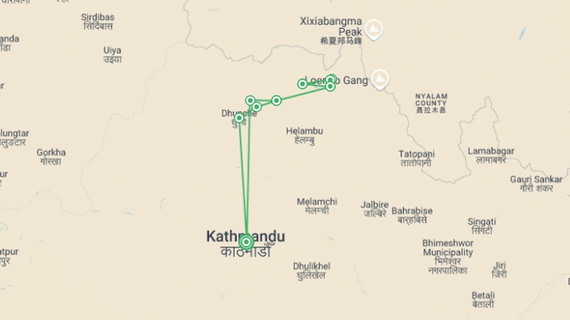A map showing the tour itinerary for the trip: Yala Peak Climbing Adventure , starting in Kathmandu, Nepal and ending in Kathmandu, Nepal going through 8 other destinations.