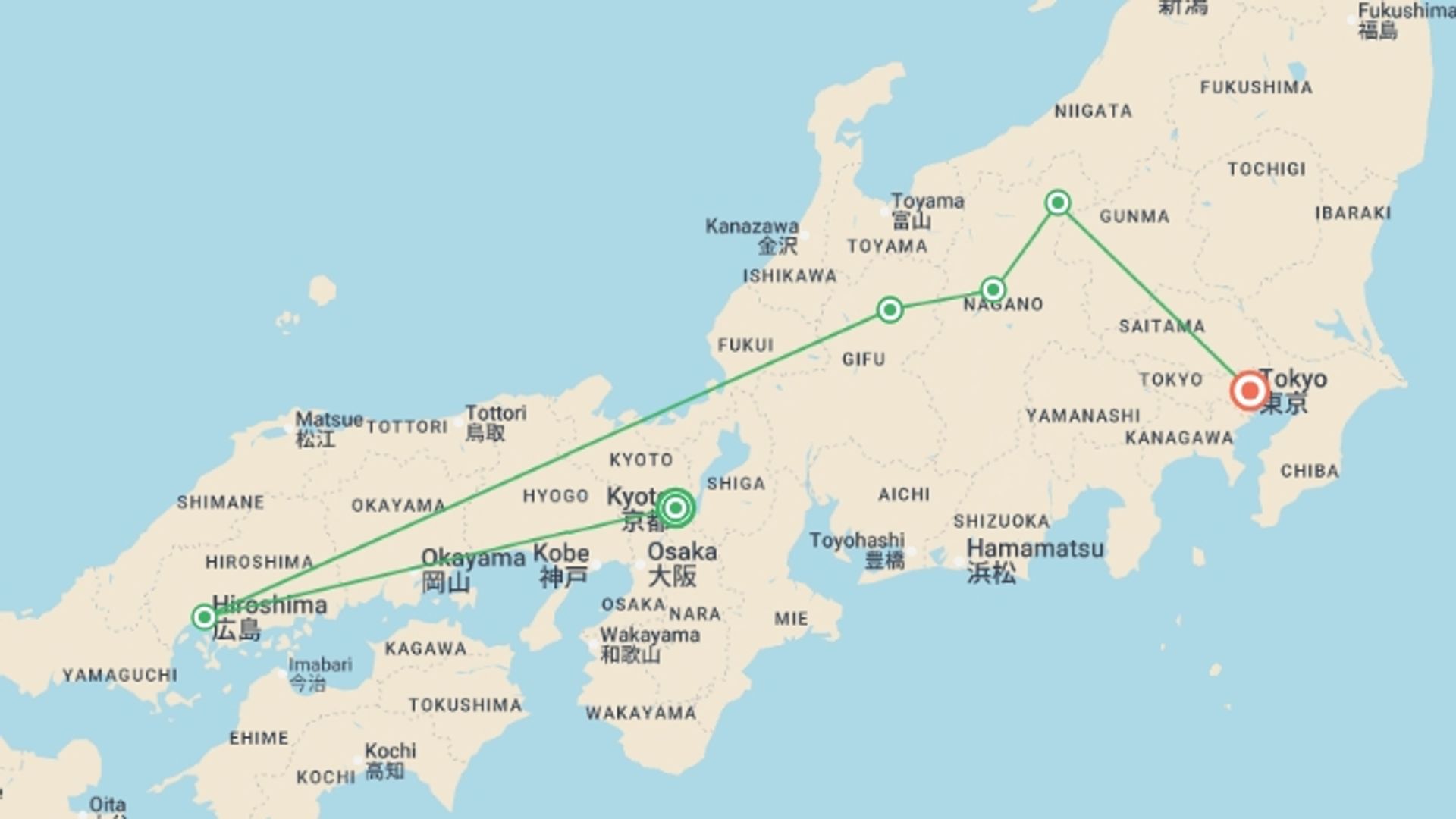 A map showing the tour itinerary for the trip: Ancient & Modern Japan, starting in Kyoto, Japan and ending in Tokyo, Japan going through 4 other destinations.