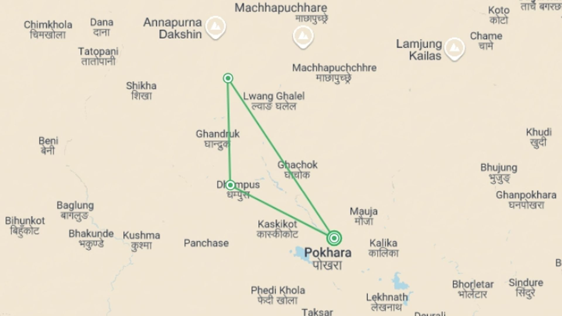 A map showing the tour itinerary for the trip: Ghandruk Loop Trek from Pokhara, starting in Pokhara, Nepal and ending in Pokhara, Nepal going through 2 other destinations.