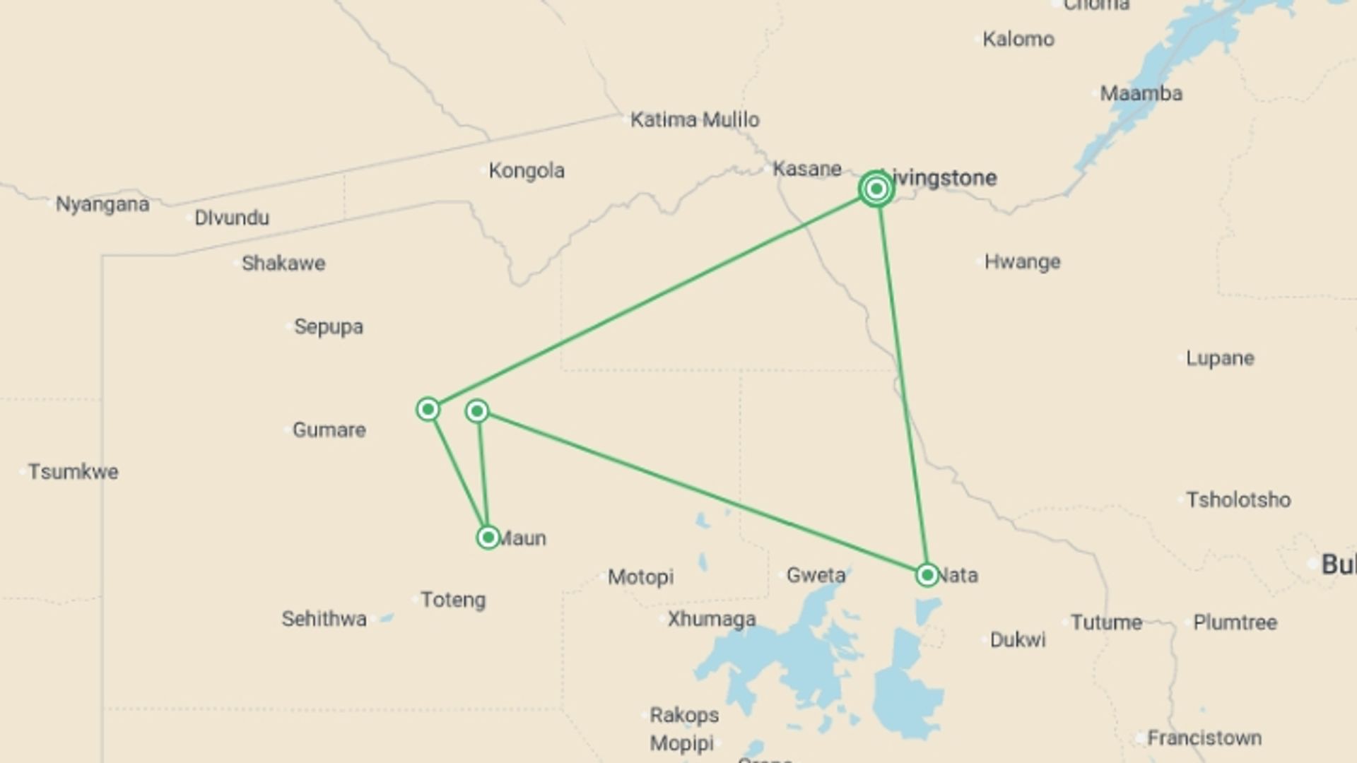 A map showing the tour itinerary for the trip: Best of Botswana & Victoria Falls - 12 days, starting in Victoria Falls, Zimbabwe and ending in Victoria Falls, Zimbabwe going through 4 other destinations.