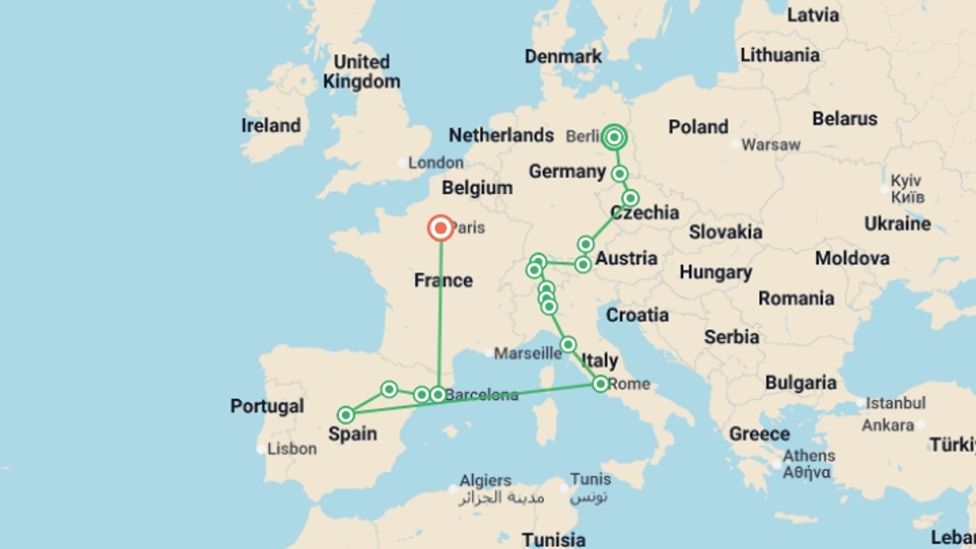 A map showing the tour itinerary for the trip: Europe: from North to South and Paris, starting in Berlin, Germany and ending in Paris, France going through 7 other destinations.