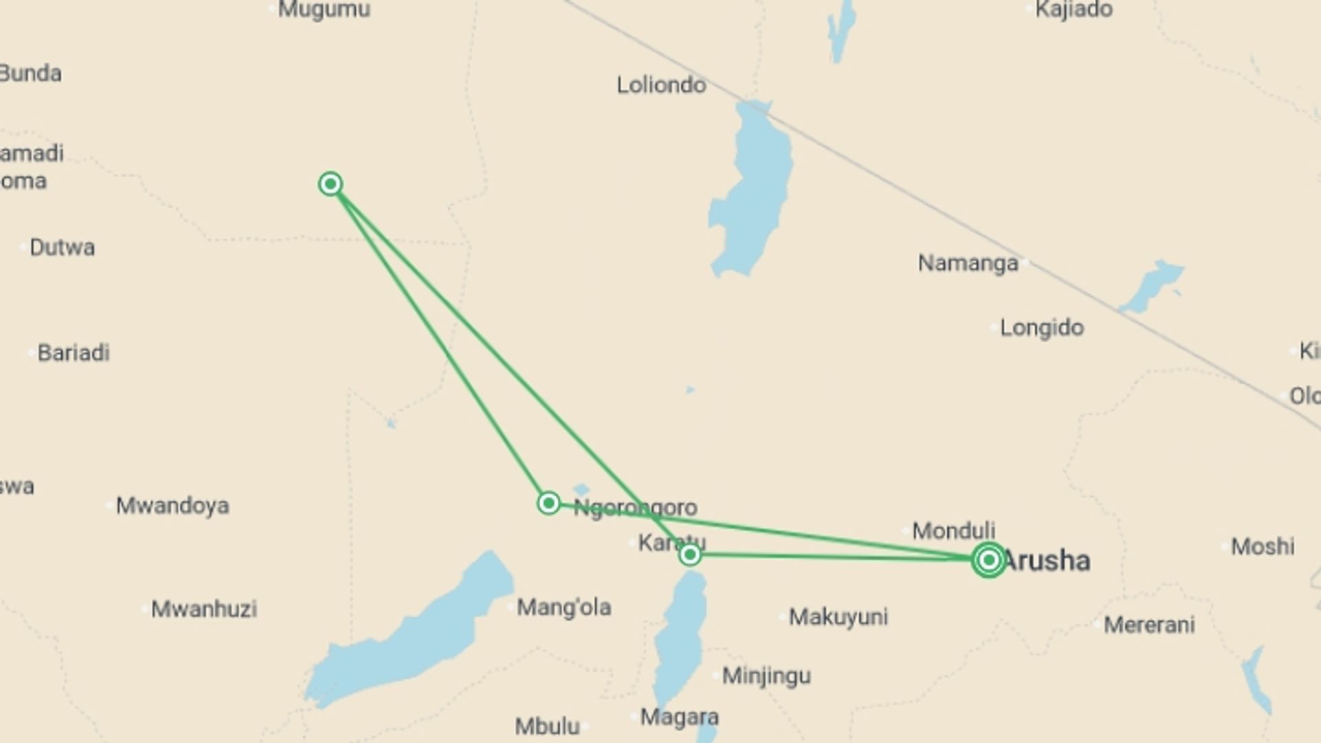 A map showing the tour itinerary for the trip: Journeys: Tanzania Safari Experience, starting in Arusha, Tanzania and ending in Arusha, Tanzania going through 3 other destinations.
