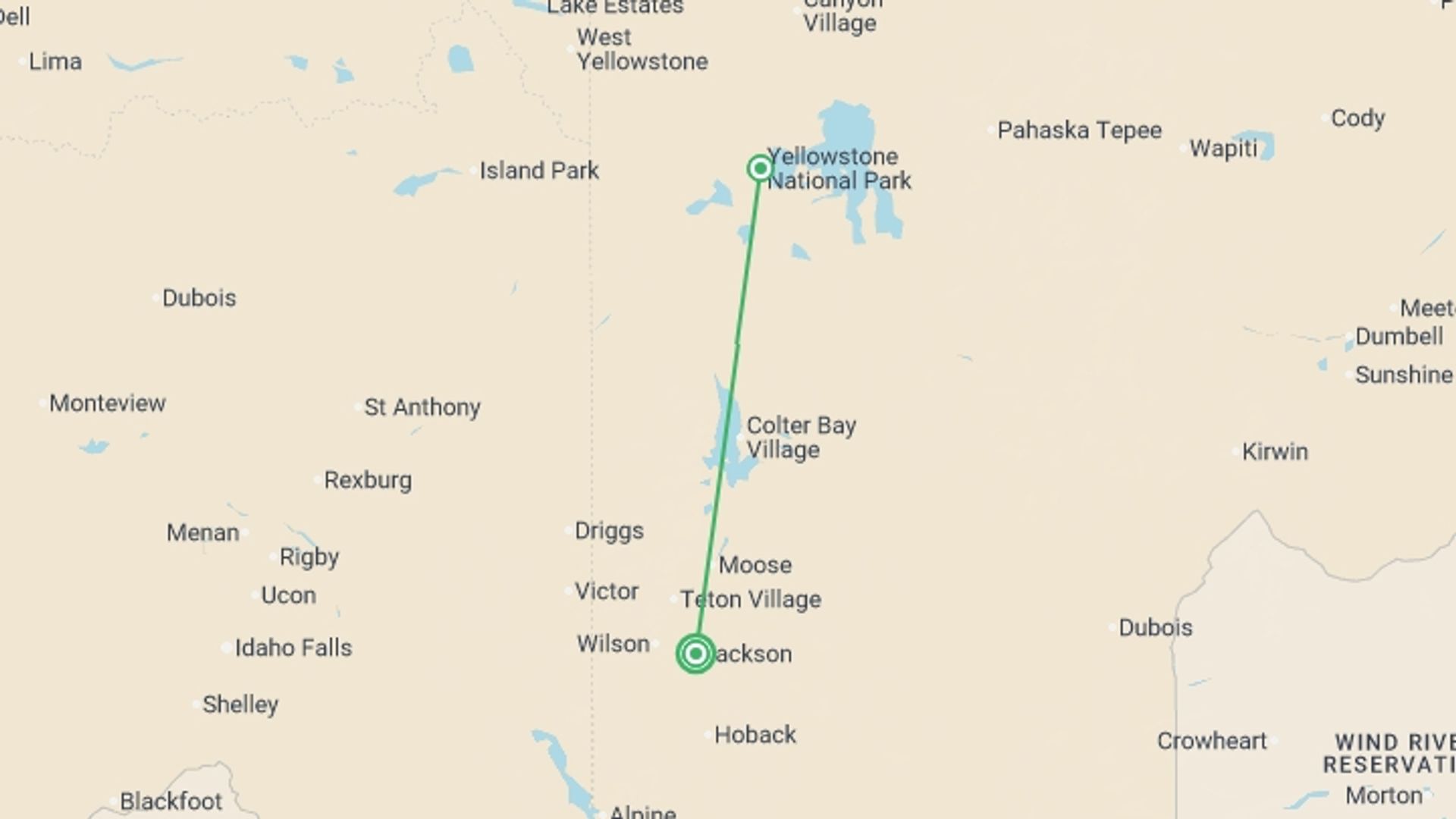 A map showing the tour itinerary for the trip: Journeys: Iconic Wildlife of Yellowstone and Grand Teton, starting in Jackson, USA and ending in Jackson, USA going through 1 other destinations.