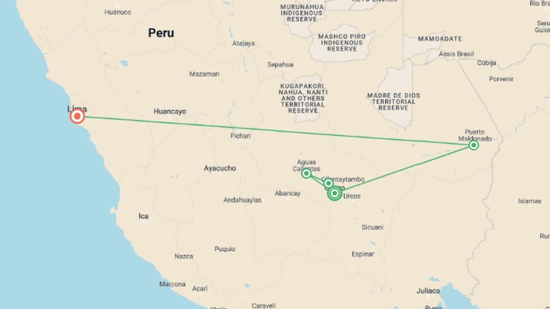 A map showing the tour itinerary for the trip: Peru: Inca Trail & the Amazon, starting in Cusco, Peru and ending in Lima, Peru going through 3 other destinations.