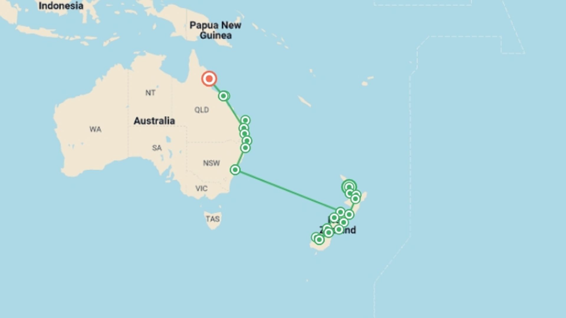 A map showing the tour itinerary for the trip: Australia & New Zealand:  A Month Down Under, starting in Auckland, New Zealand and ending in Cairns, Australia going through 18 other destinations.