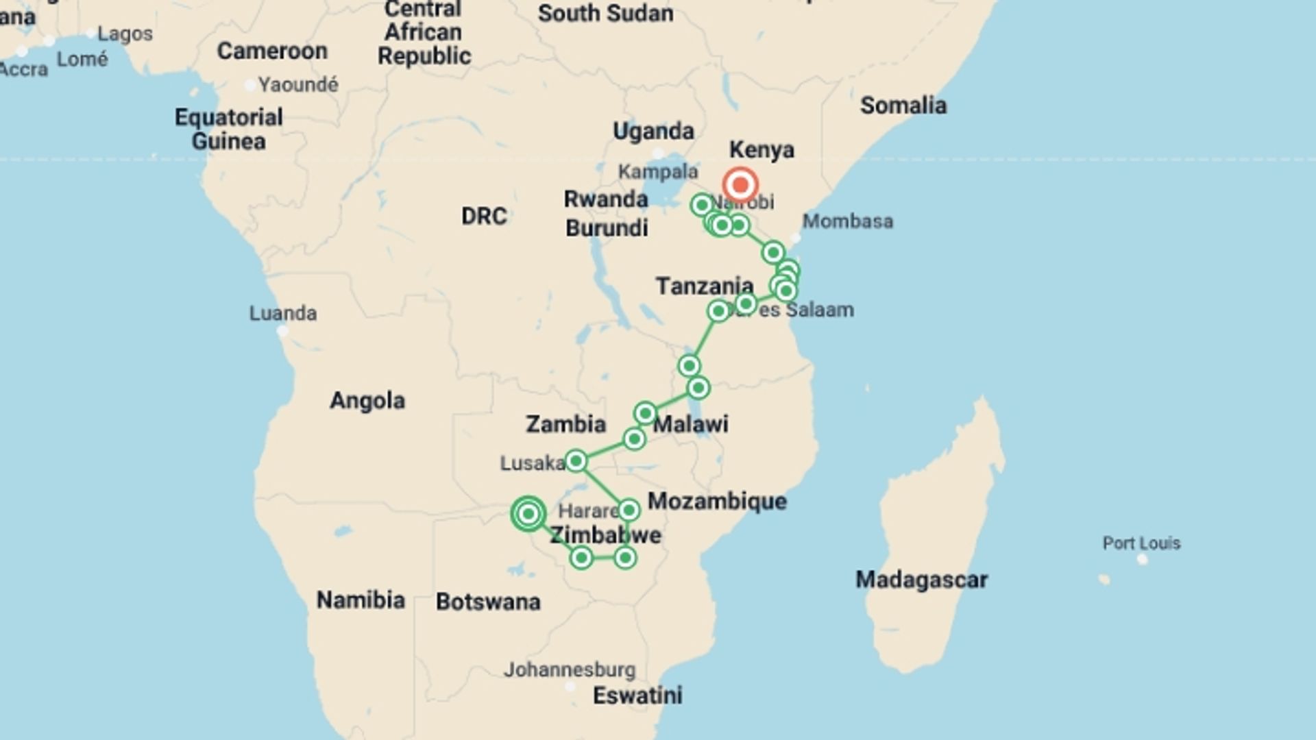 A map showing the tour itinerary for the trip: Vic Falls to Kenya, starting in Victoria Falls, Zimbabwe and ending in Nairobi, Kenya going through 19 other destinations.