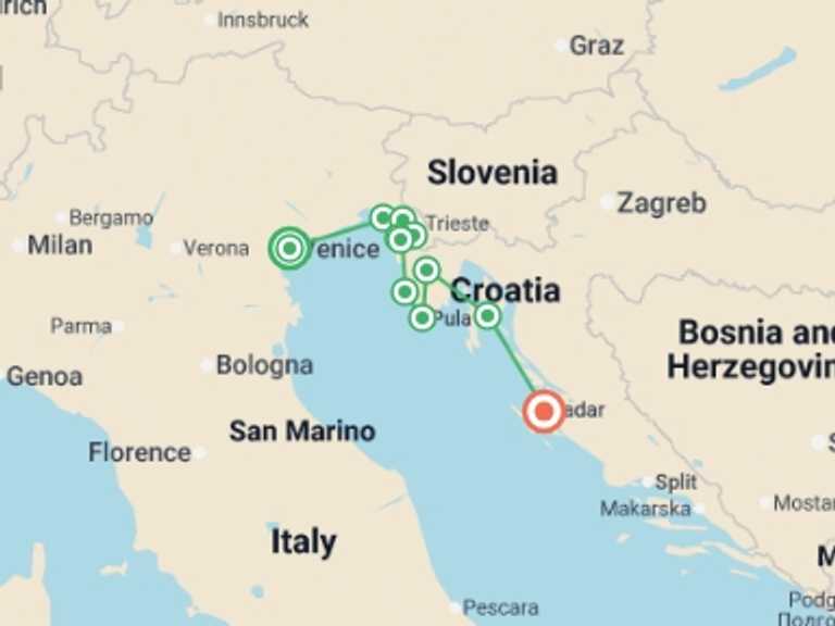 Map of Europe Tour with 6 destination visits for the trip: Sailing Italy to Croatia