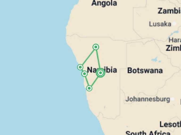 Map itinerary of Africa Tour in April 2027 with 5 destination visits for the trip: Namibia Lodge Safari