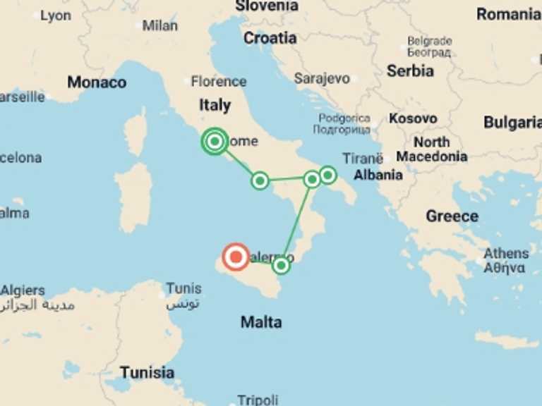 Map of Italy Tour with 7 destination visits for the trip: Country Roads of Southern Italy and Sicily