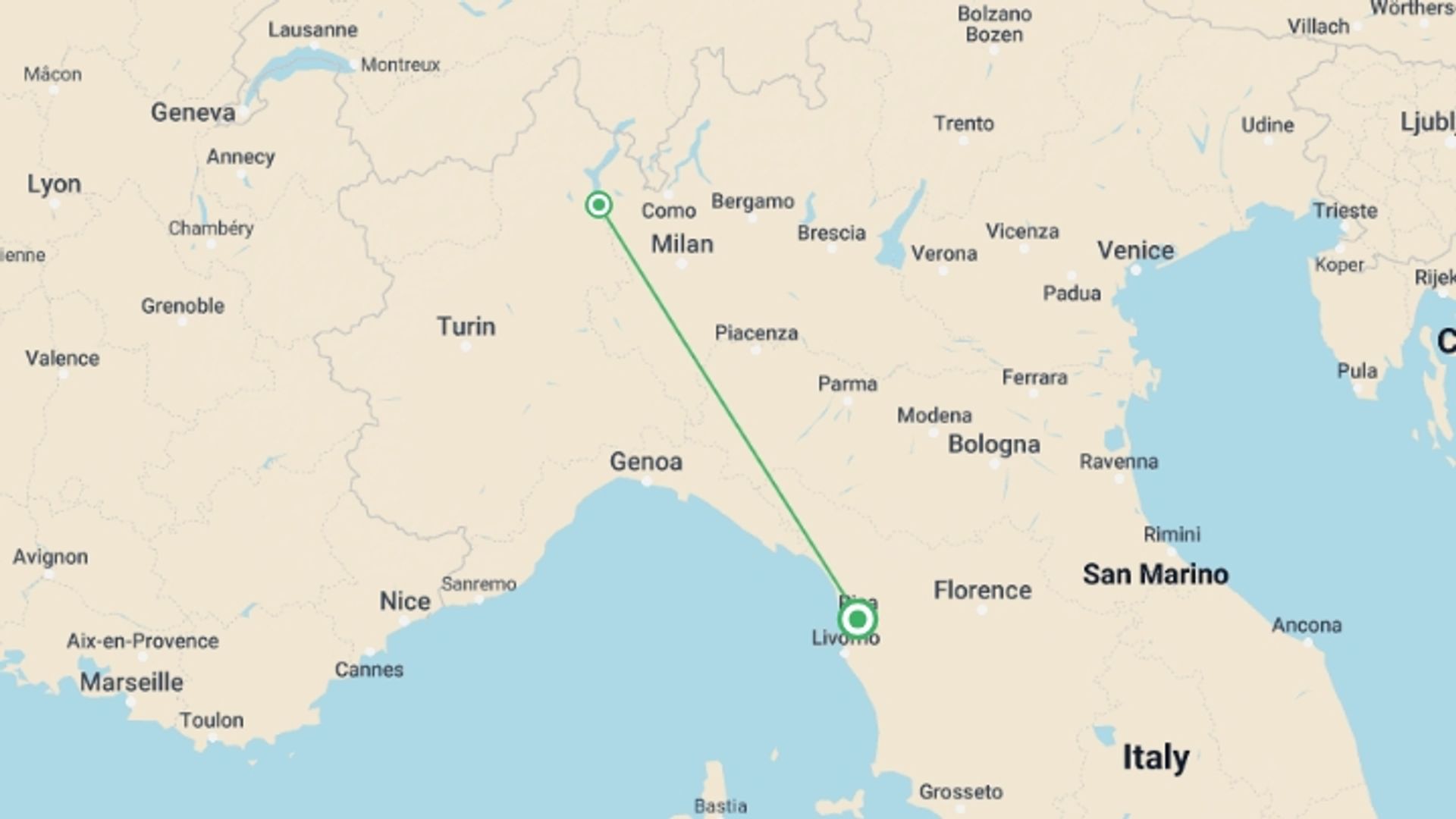 A map showing the tour itinerary for the trip: Tuscany Spa Break - 8 days, starting in Pisa, Italy and ending in Pisa, Italy going through 1 other destinations.