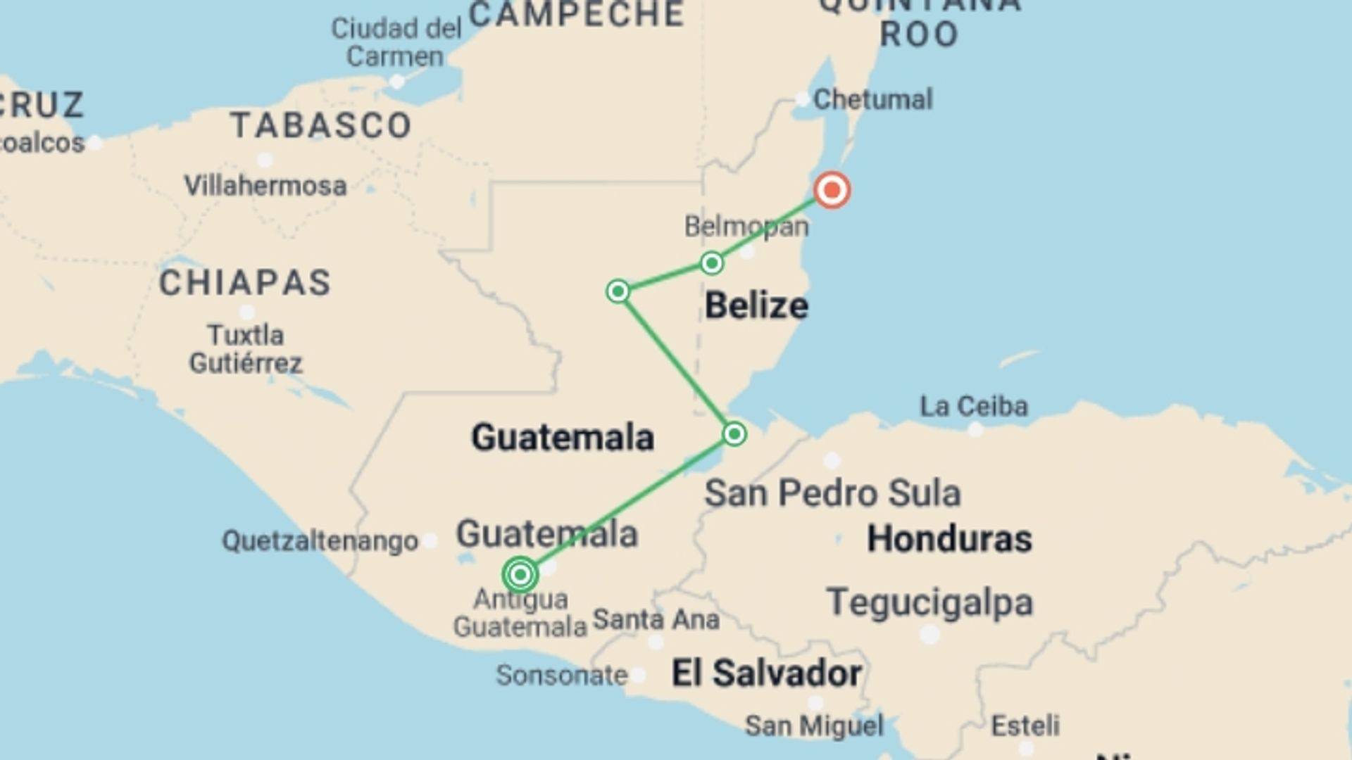 A map showing the tour itinerary for the trip: Guatemala to Belize, starting in Antigua, Guatemala and ending in Caye Caulker, Mexico going through 4 other destinations.