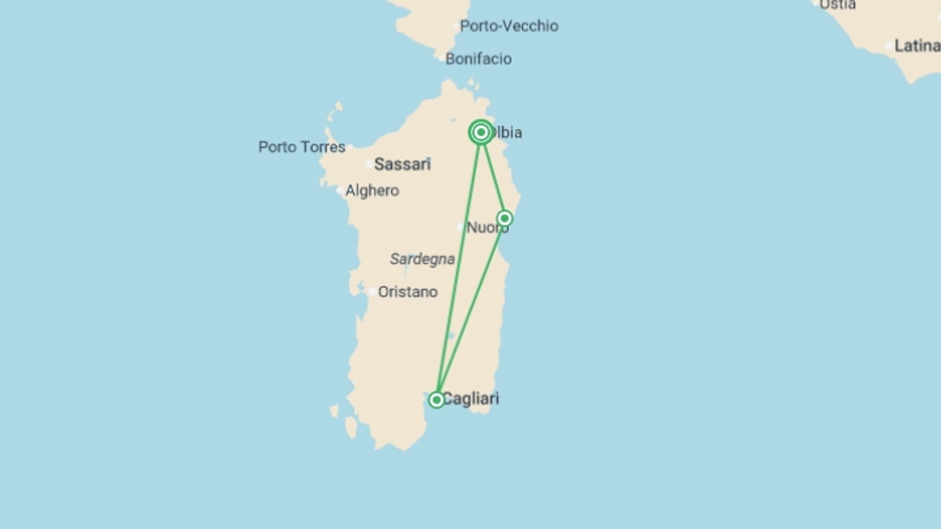 A map showing the tour itinerary for the trip: South to North Sardinia Express, starting in Olbia, Italy and ending in Olbia, Italy going through 3 other destinations.