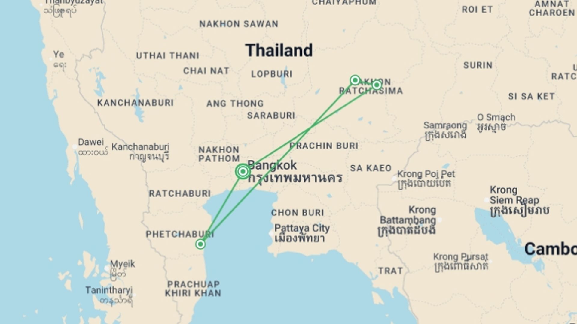 A map showing the tour itinerary for the trip: Treasures of Thailand - 5 days, starting in Bangkok, Thailand and ending in Bangkok, Thailand going through 3 other destinations.