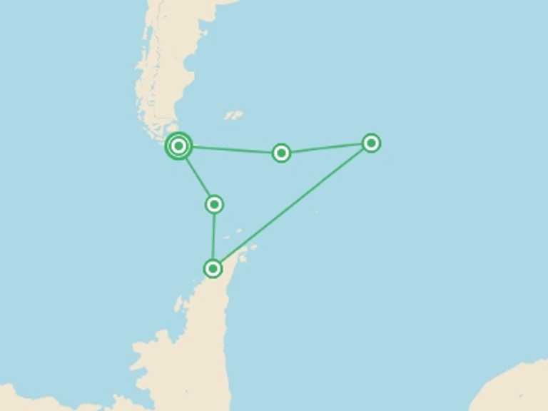 Map itinerary of Ushuaia Tour in January 2026 with 5 destination visits for the trip: Falklands, South Georgia and Antarctica - M/V Sylvia Earle