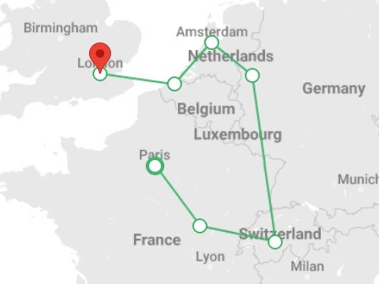 Map itinerary of London Tour in December 2026 with 7 destination visits for the trip: Europe Taster Christmas