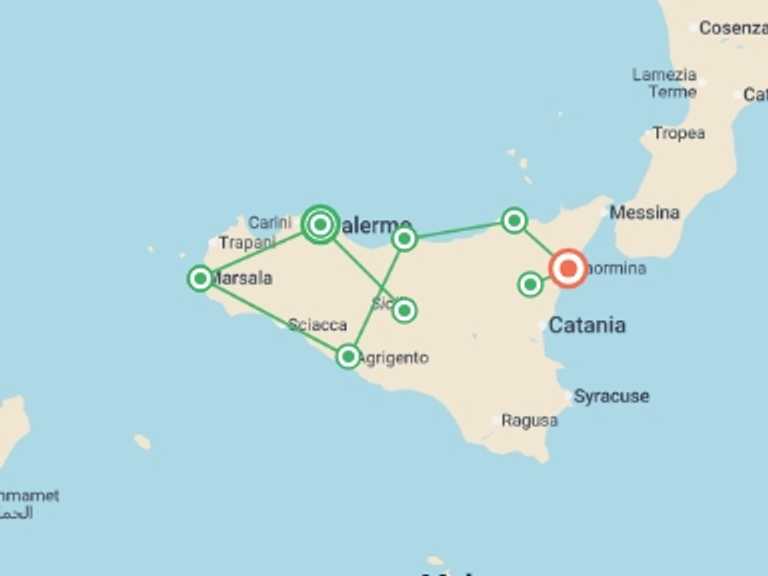 Map itinerary of Europe Tour in April 2027 with 8 destination visits for the trip: Sicily and Its Isles 