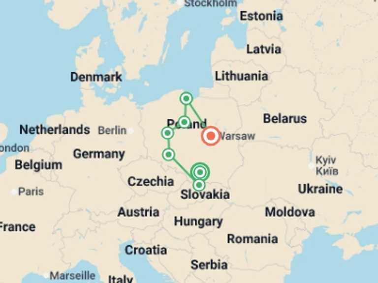 Map of Europe Cultural, religious and historic sites Tour with 6 destination visits for the trip: Highlights of Poland