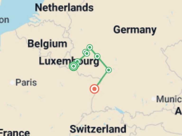 Map itinerary of Europe Tour in July 2026 with 7 destination visits for the trip: 4 Rivers: The Moselle, Sarre, Romantic Rhine, and Neckar Valleys