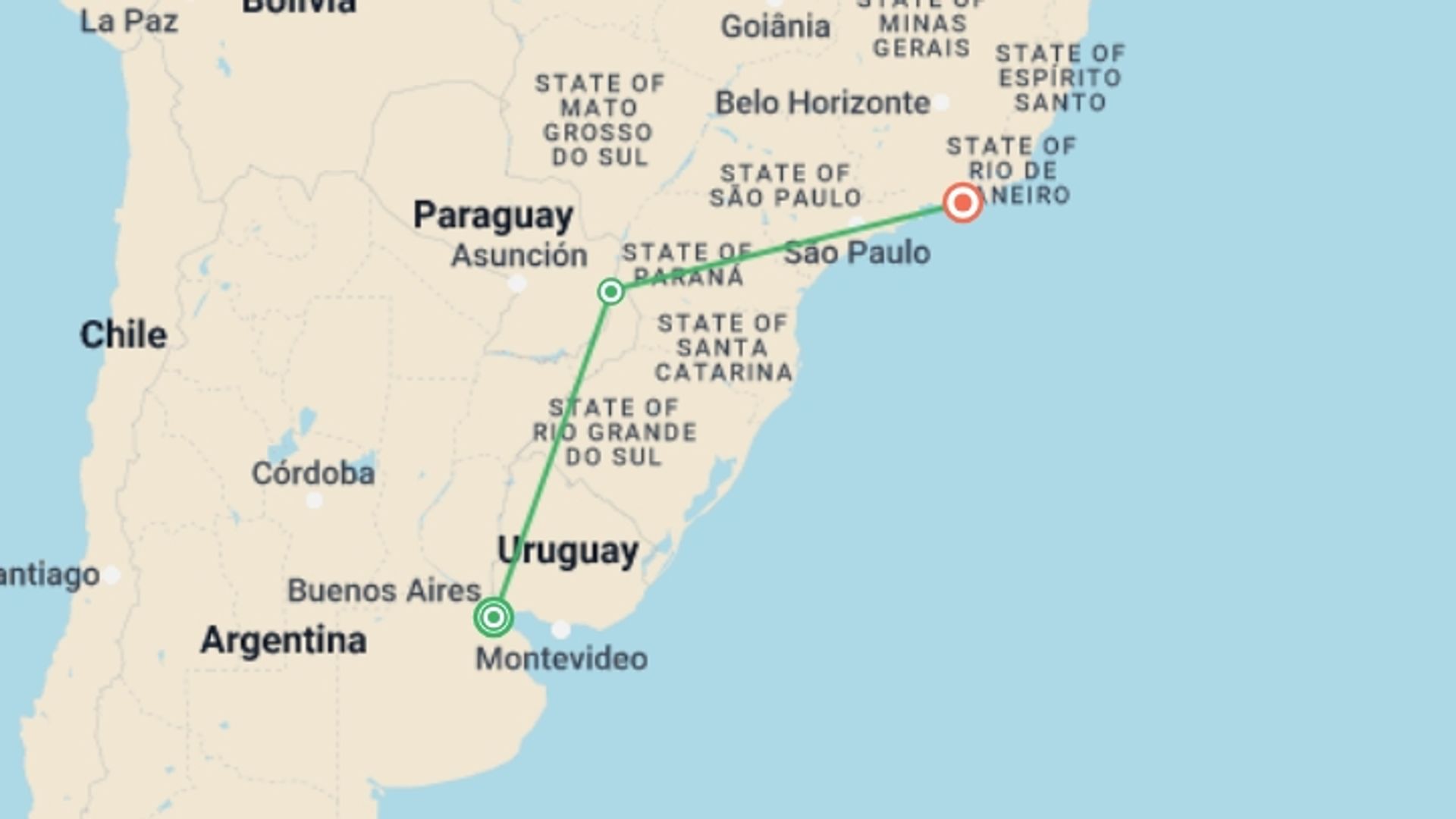 A map showing the tour itinerary for the trip: Picturesque Solo Argentina And Brazil, starting in Buenos Aires, Argentina and ending in Rio de Janeiro, Brazil going through 1 other destinations.