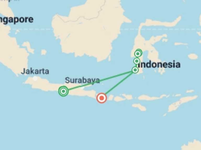 Map of Indonesia Tour with 5 destination visits for the trip: The Best Of Three Islands, Private Tour