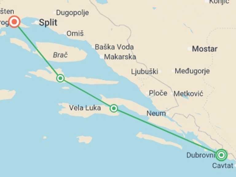 Map itinerary of Europe Tour in October 2026 with 4 destination visits for the trip: Croatia: Walking & Island-Hopping Along the Dalmatian Coast