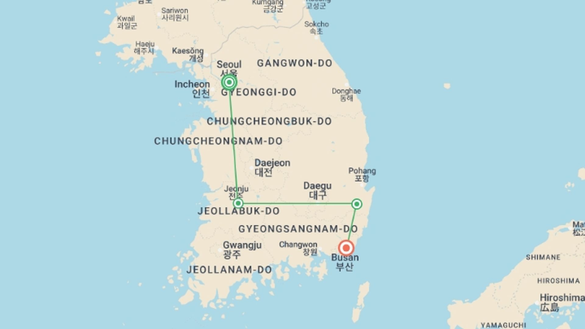 A map showing the tour itinerary for the trip: Classic Tour: Explore South Korea Highlights, starting in Seoul, South Korea and ending in Busan, South Korea going through 2 other destinations.