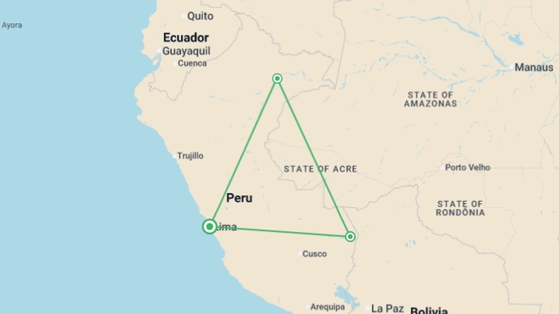 A map showing the tour itinerary for the trip: Iquitos Amazon Jungle Adventure 5D/4N, starting in Lima, Peru and ending in Lima, Peru going through 3 other destinations.