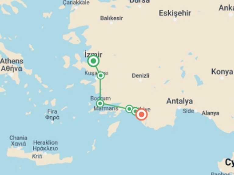 Map of Fethiye Explorer Tour with 6 destination visits for the trip: Turkey: Ancient Cities & Hikes Along the Lycian Way
