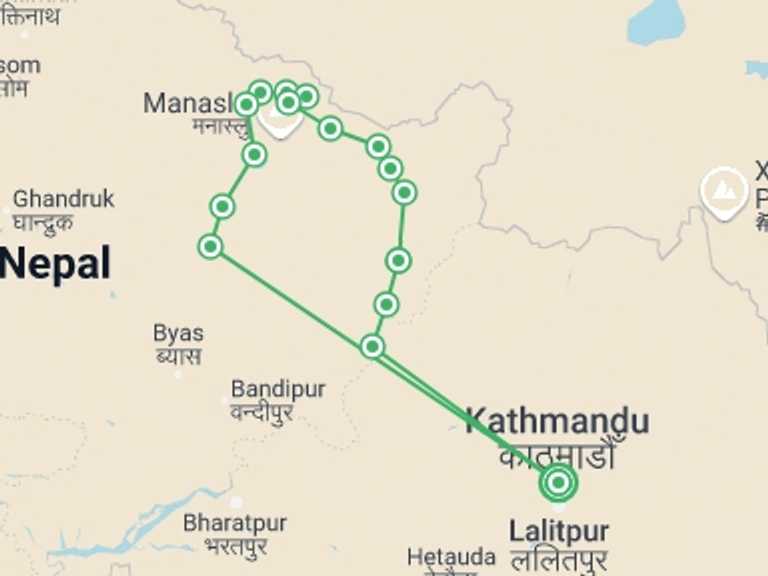 Map of 19-Day Kathmandu Tour with 16 destination visits for the trip: Manaslu Circuit Trek: Nineteen Days