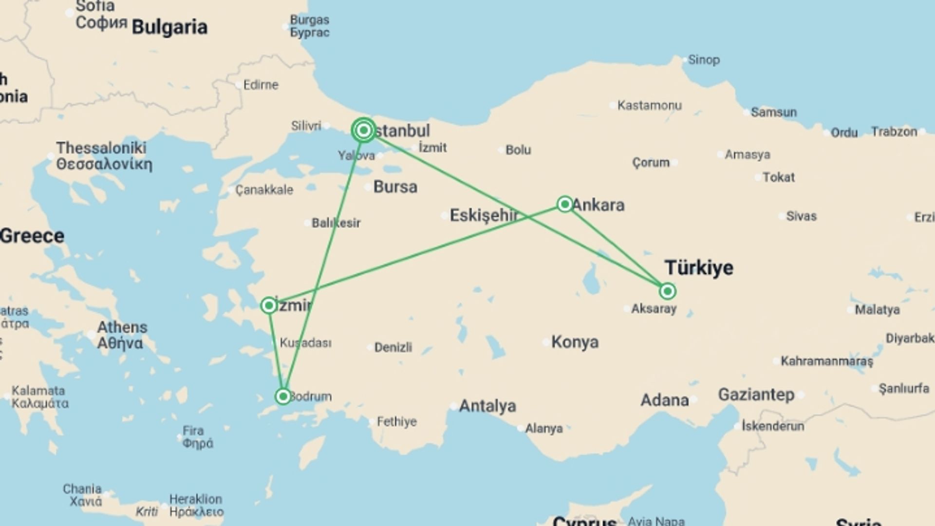 A map showing the tour itinerary for the trip: Signature: Turkey's Istanbul, Ephesus & Cappadocia, starting in Istanbul, Turkey and ending in Istanbul, Turkey going through 4 other destinations.