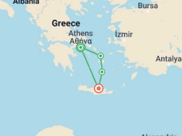Map of a Cultural, religious and historic sites Tour with 4 destination visits for the trip: Wonders of Athens Mykonos Santorini and Crete