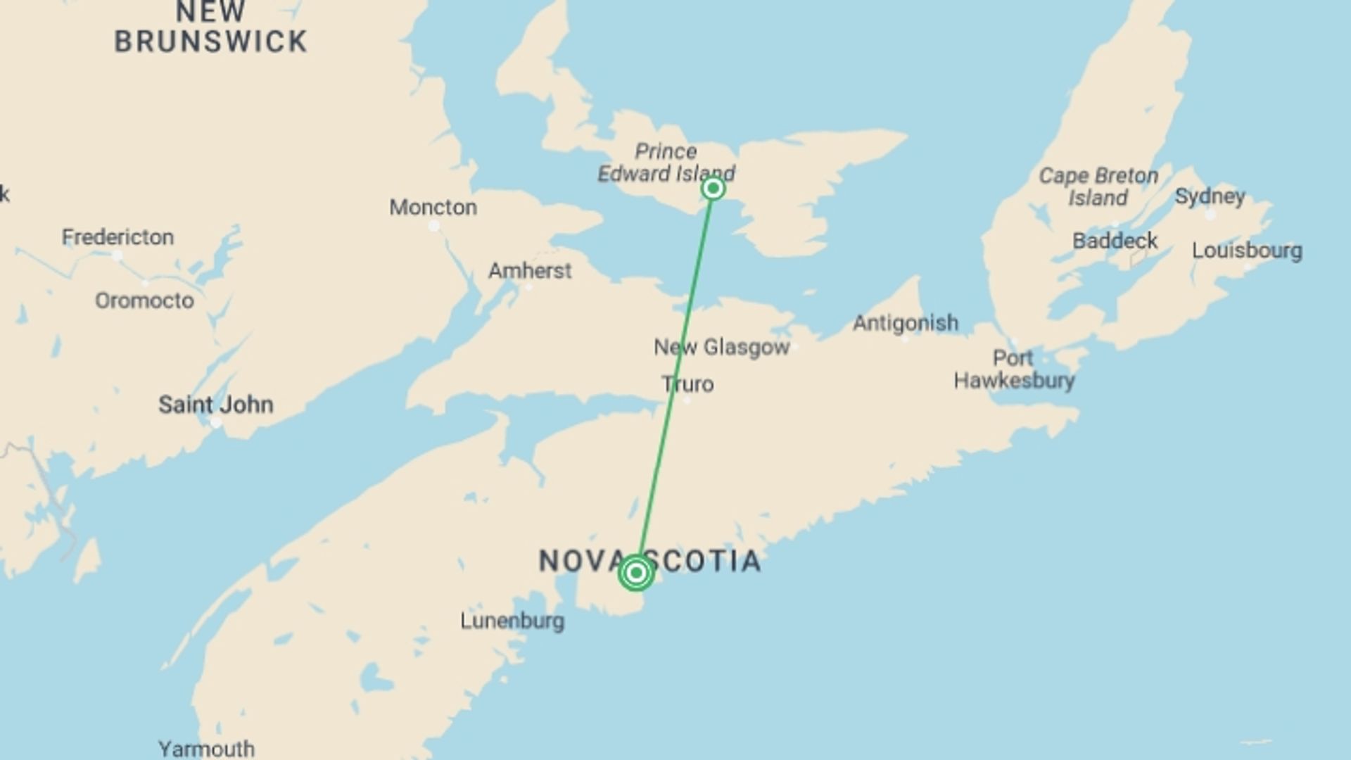 A map showing the tour itinerary for the trip: Best of Prince Edward Island, starting in Halifax, Canada and ending in Halifax, Canada going through 1 other destinations.