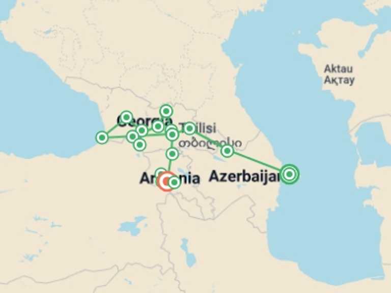Map of Europe Tour with 14 destination visits for the trip: The Best of Azerbaijan, Georgia and Armenia