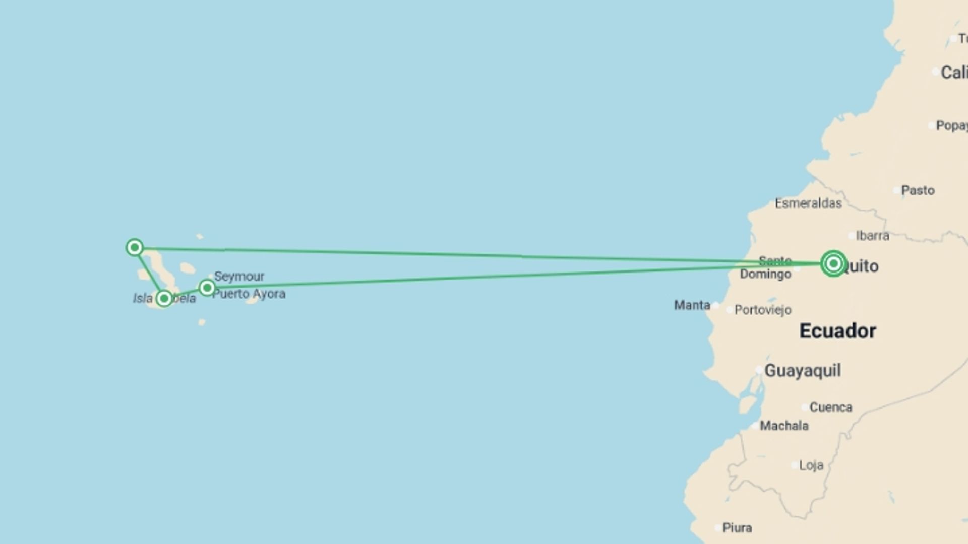 A map showing the tour itinerary for the trip: Galapagos Islands Family Adventure (Private) - 7 days, starting in Quito, Ecuador and ending in Quito, Ecuador going through 3 other destinations.