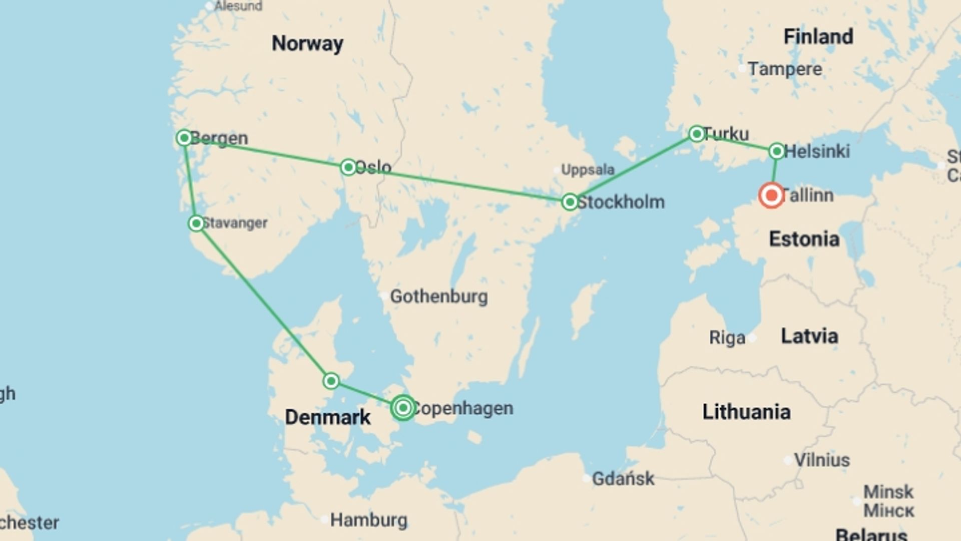 A map showing the tour itinerary for the trip: Absolute Scandinavia and the Baltics, starting in Copenhagen, Denmark and ending in Tallinn, Estonia going through 7 other destinations.
