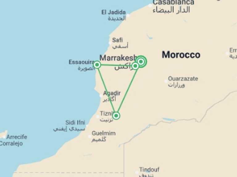 Map itinerary of Mediterranean Tour in September 2026 with 5 destination visits for the trip: Culture and Coastlines in Morocco