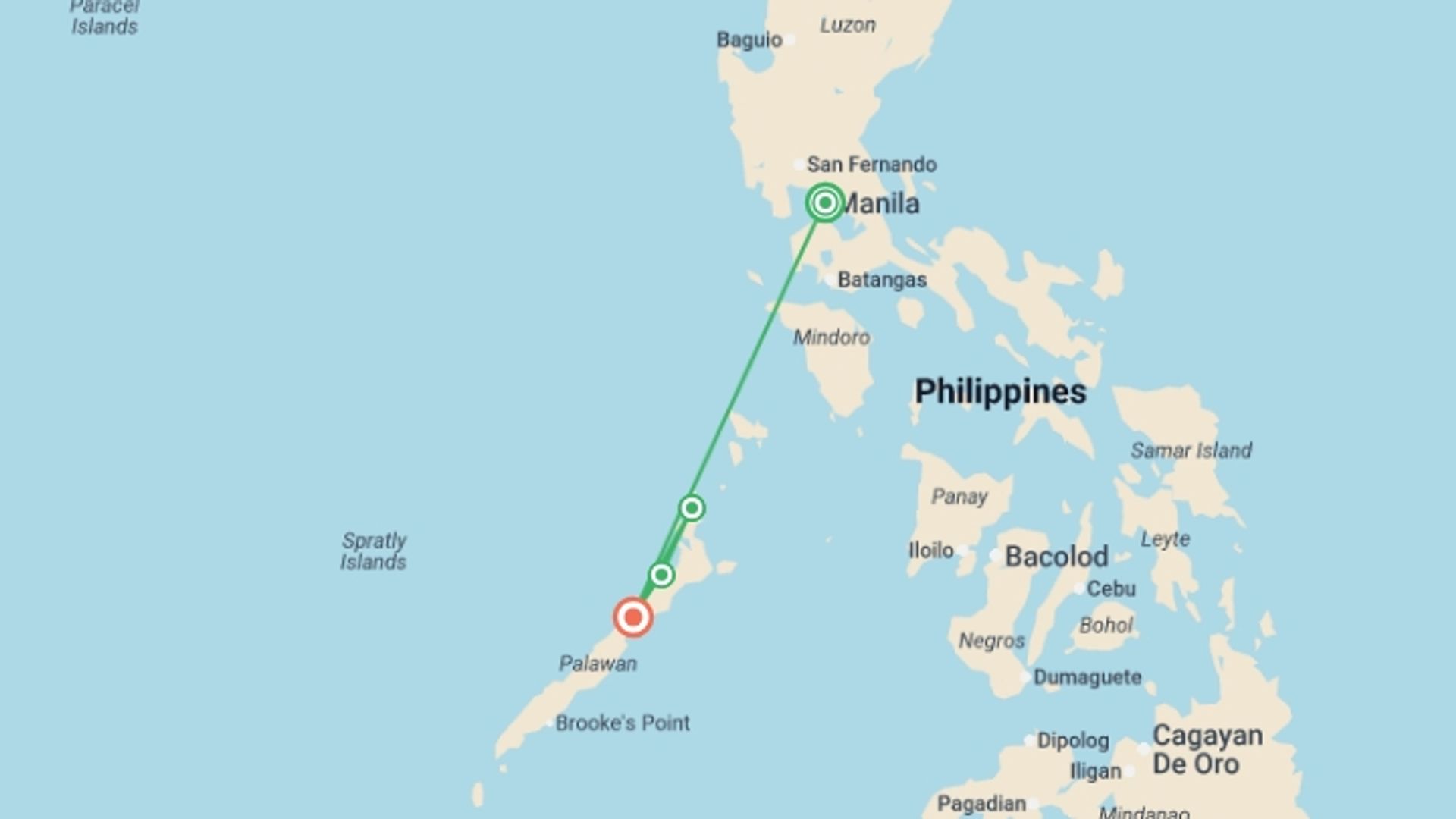 A map showing the tour itinerary for the trip: Perfect Palawan - 10 days, starting in Manila, Philippines and ending in Puerto Princesa, Philippines going through 2 other destinations.