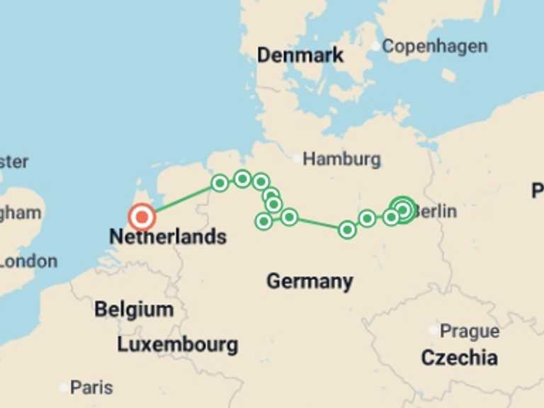 Map of Europe Tour with 9 destination visits for the trip: From Berlin to Amsterdam (port-to-port cruise)