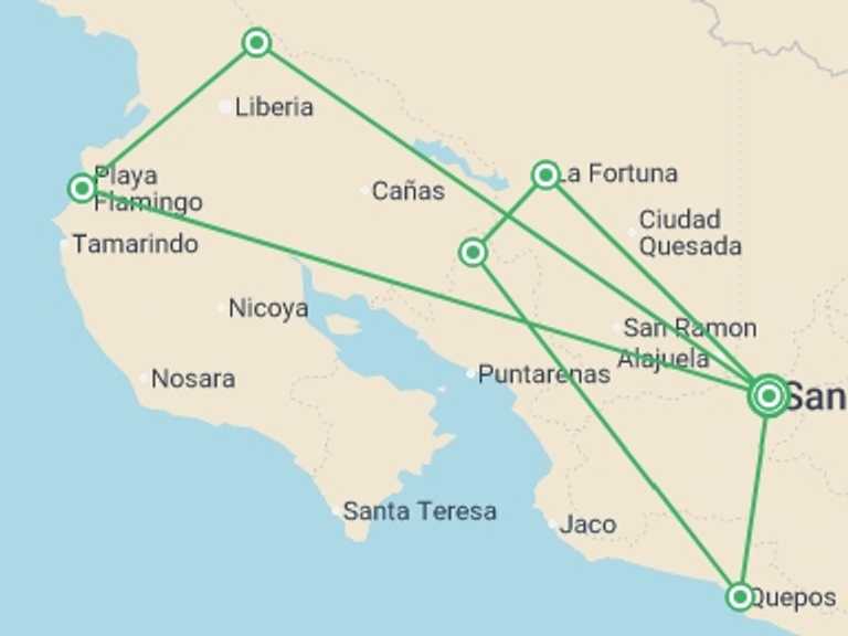 Map of 14-Day Costa Rica Tour with 6 destination visits for the trip: Costa Rica: Wildlife, National Parks & Hidden Gems of the Northwest