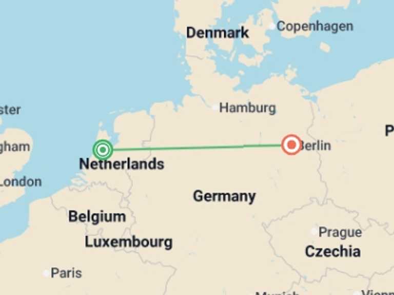 Map itinerary of Berlin Tour in Spring with 2 destination visits for the trip: Amsterdam and Berlin