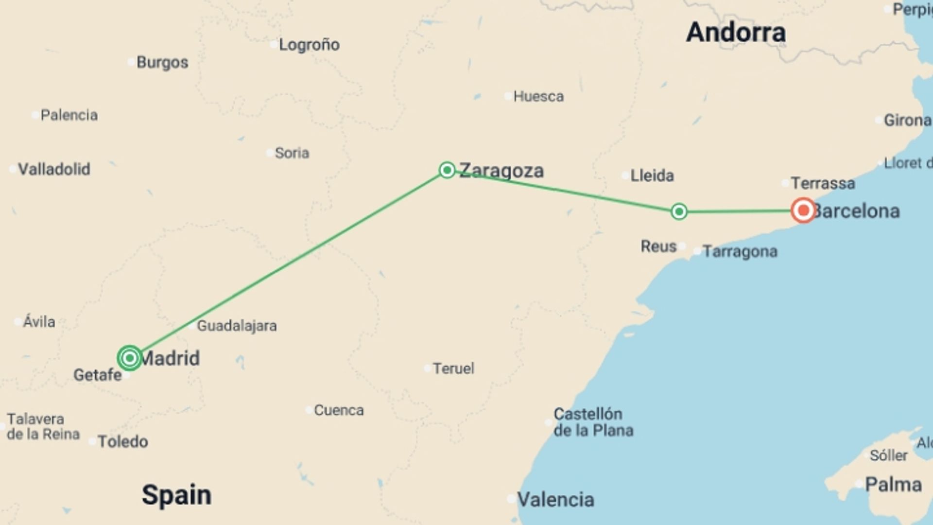 A map showing the tour itinerary for the trip: Madrid and Barcelona GO, starting in Madrid, Spain and ending in Barcelona, Spain going through 0 other destinations.