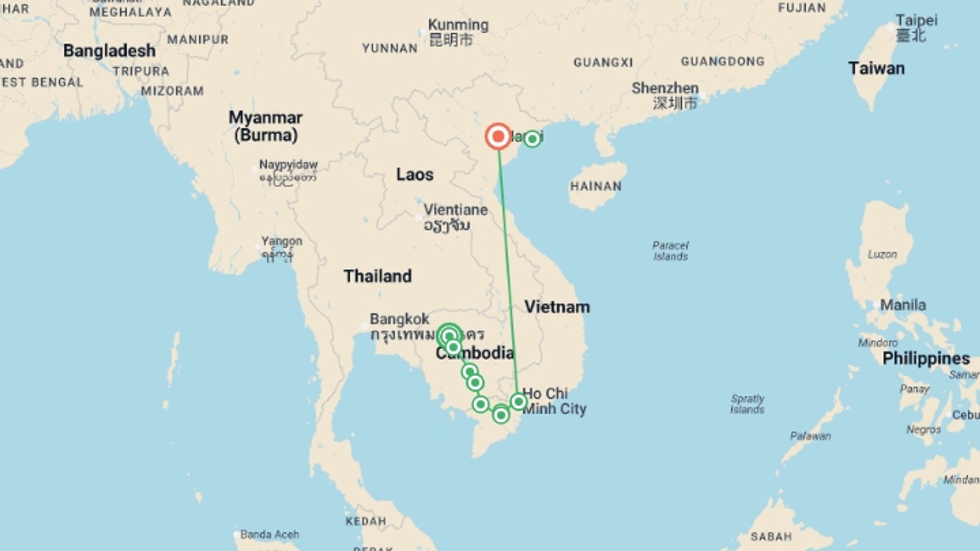 A map showing the tour itinerary for the trip: From the temples of Angkor to the Mekong Delta, experience unique and exotic end-of-year celebrations - & Hanoi and Halong Bay (port-to-port cruise), starting in Siem Reap, Cambodia and ending in Hanoi, Vietnam going through 8 other destinations.