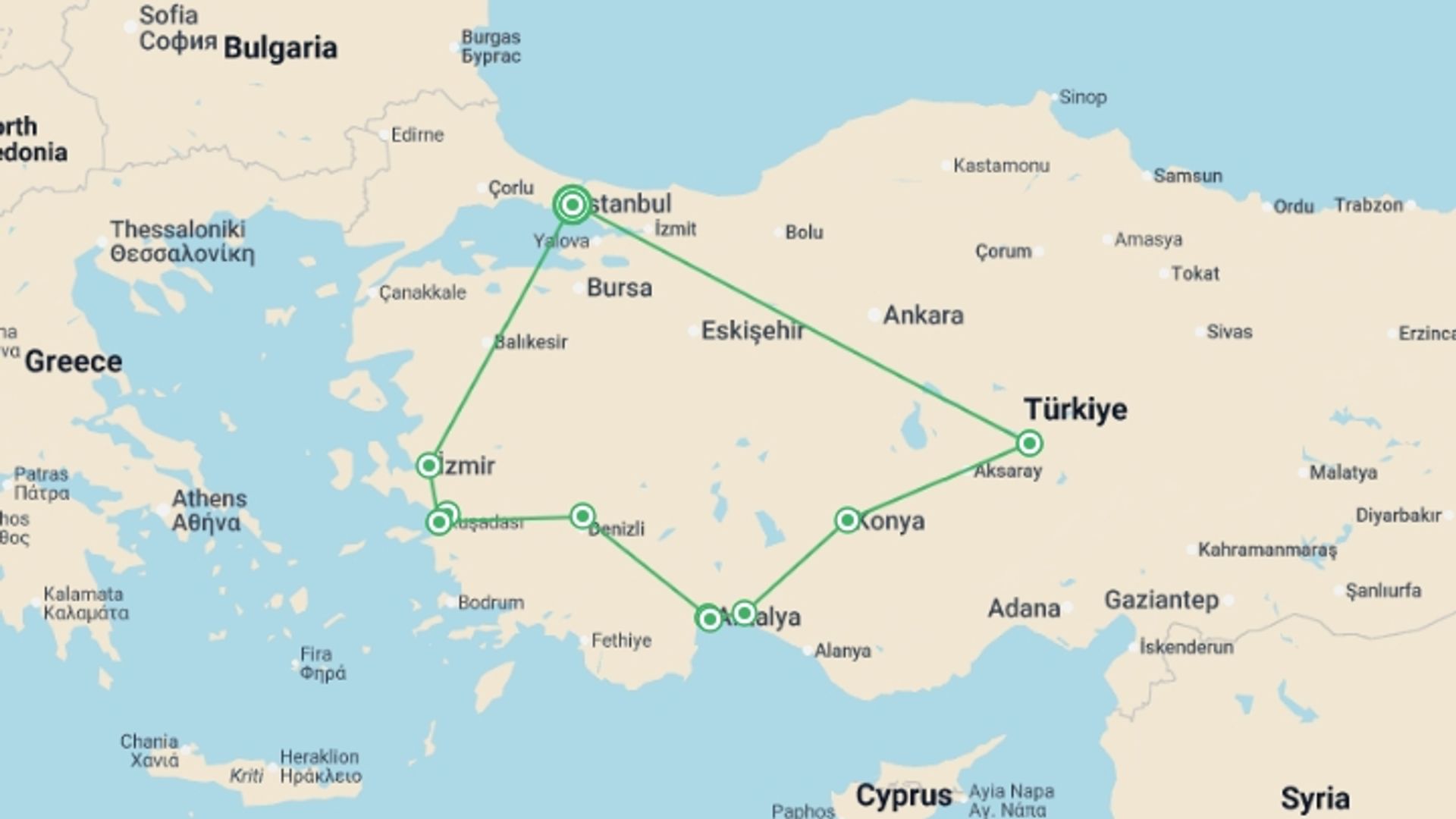 A map showing the tour itinerary for the trip: Highlights of Turkey (5 & 4 Star Hotels), starting in Istanbul, Turkey and ending in Istanbul, Turkey going through 4 other destinations.