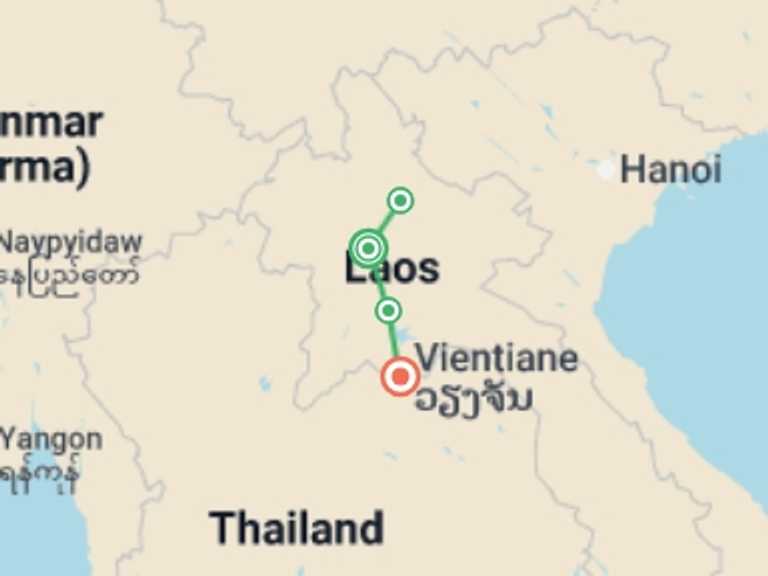 Map itinerary of Asia Tour in November 2026 with 4 destination visits for the trip: Laos: See & Experience it all in 7 days, Luxury Tour 