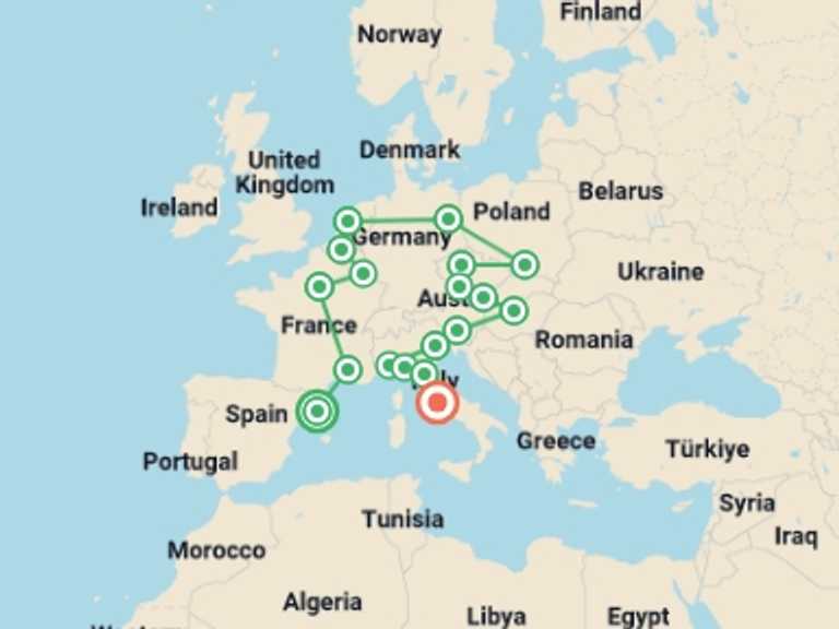 Map itinerary of Vienna Tour in June 2027 with 18 destination visits for the trip: Europe Explorer