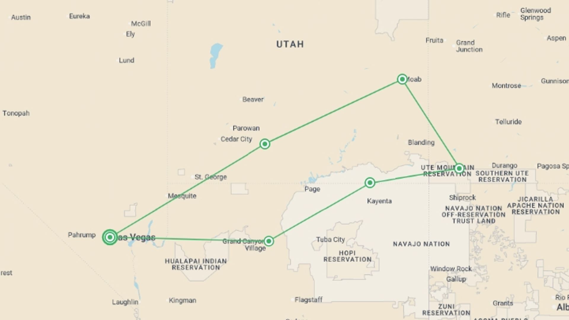 A map showing the tour itinerary for the trip: Wonders of the American West, starting in Las Vegas, USA and ending in Las Vegas, USA going through 5 other destinations.