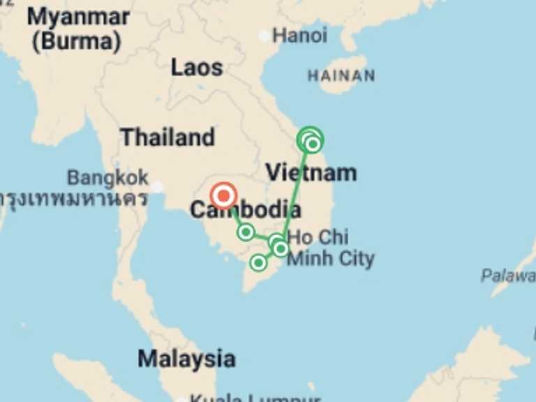 Map itinerary of South East Asia Tour in August 2026 with 6 destination visits for the trip: Danang to Saigon & Siem Reap - 10 days