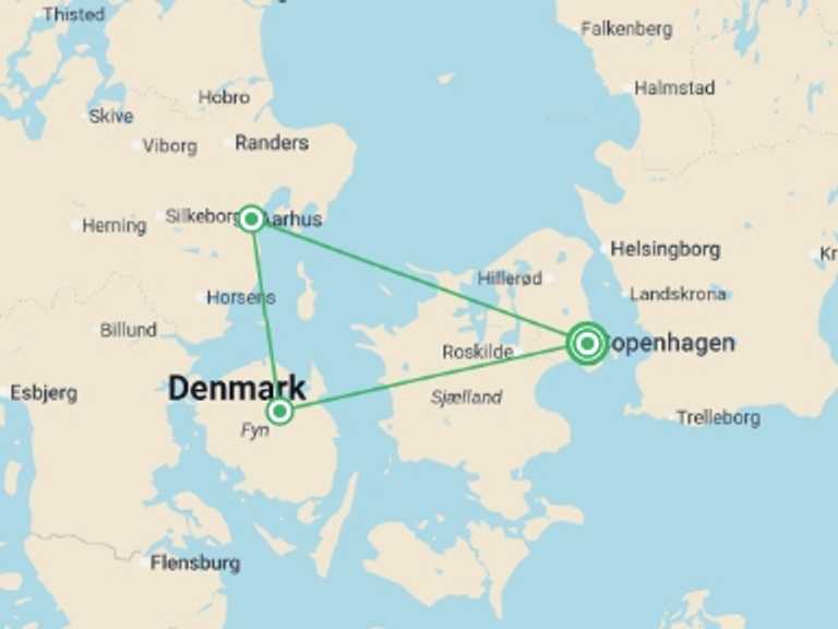 Map of Copenhagen Explorer Tour with 3 destination visits for the trip: Best of Denmark By Train - 8 days