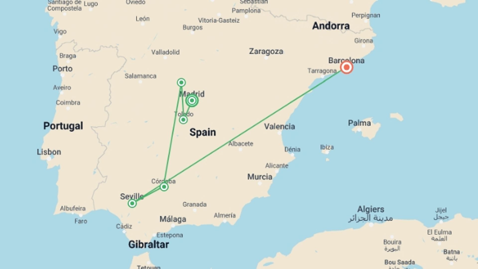 A map showing the tour itinerary for the trip: Highlights of Spain, starting in Madrid, Spain and ending in Barcelona, Spain going through 5 other destinations.